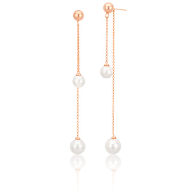 Sterling Silver Rose Gold Plated Simulated Pearl Chain Drop Earrings