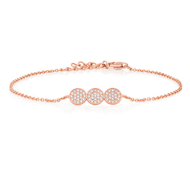 Sterling Silver Rose Gold Plated Cubic Zirconia Pave Trio Disc Bracelet 16+3cm