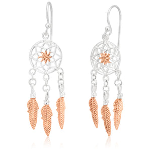 Sterling Silver and Rose Gold Plated Dreamcatcher Drop Earrings