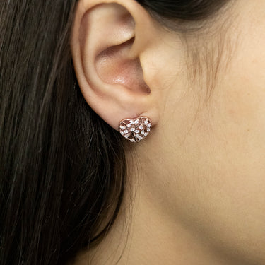 Sterling Silver with Rose Gold Plated Zirconia Tree Of Life Heart Stud Earrings