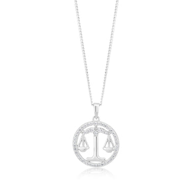 Sterling Silver Cubic Zirconia Libra Horoscope Round 19mm x 26mm Pendant