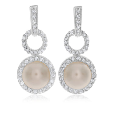 Sterling Silver Simulated Pearl and Zirconia Fancy Drop Earrings