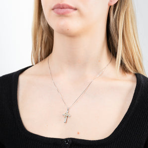 Sterling Silver Diamond Cross Pendant with Yellow Heart Accent on 45cm Silver Chain