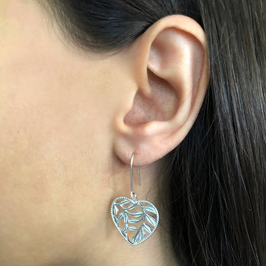 Sterling Silver Heart with Leaves Drop Earrings