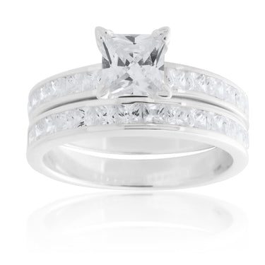 Sterling Silver Zirconia Princess Cut + Round 2 Ring Set