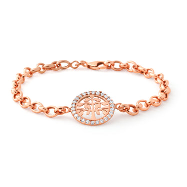 Sterling Silver Rose Plated 19cm Fancy Zirconia Disc on Belcher Bracelet