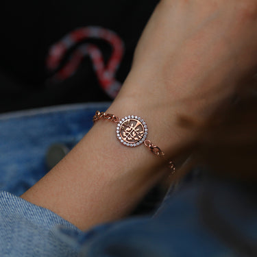 Sterling Silver Rose Plated 19cm Fancy Zirconia Disc on Belcher Bracelet