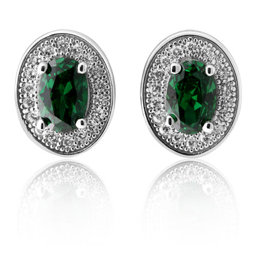 Sterling Silver Created Emerald and Zirconia Oval Halo Studs