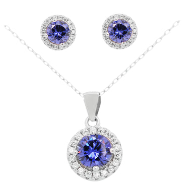 Sterling Silver Cobalt and White Zirconia Pendant and Stud Earring Set with Chain