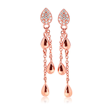 Sterling Silver Rose Plated Zirconia Double Chain Drop Earrings