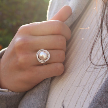 Sterling Silver Cubic Zirconia Freshwater Pearl Ring