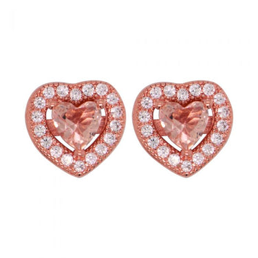 Sterling Silver Rose Plated Zirconia Heart Studs