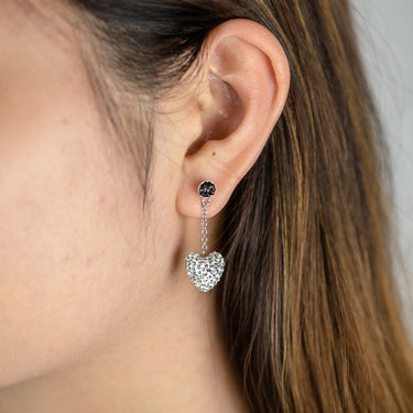Sterling Silver Swarovski Crystal Black and White Heart Drop Earrings