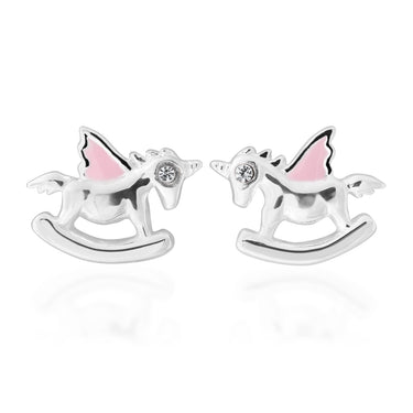 Sterling Silver Pink Enamel Rocking Unicorn Studs