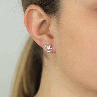 Sterling Silver Pink Enamel Rocking Unicorn Studs