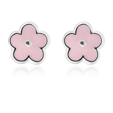 Sterling Silver Pink Enamel Flower Studs