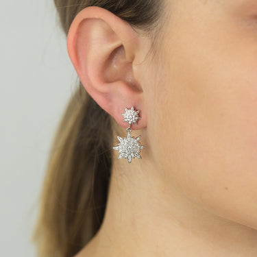 Sterling Silver Zirconia Double Starburst Drop Earrings