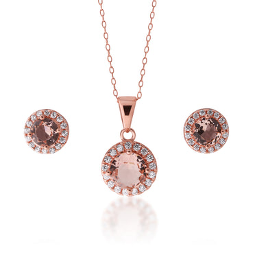 Sterling Silver Rose Plated Crystal and Zirconia Halo Stud and Pendant Set on Chain