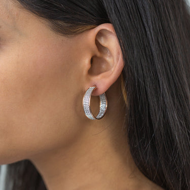 Sterling Silver Rose Gold Plated 3 Row 7mmx25mm Stardust Hoops