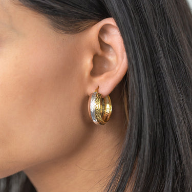 Sterling Silver 9mmx25mm Rose and Gold Plated Patterned Fancy Hoop Earrings