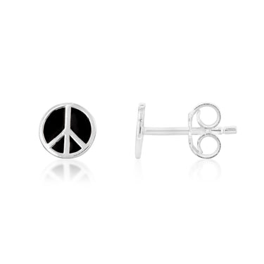Sterling Silver Peace Sign Black Enamel Stud Earrings