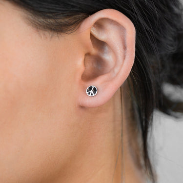 Sterling Silver Peace Sign Black Enamel Stud Earrings