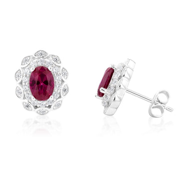 Sterling Silver Created Ruby and Zirconia Oval Earrings