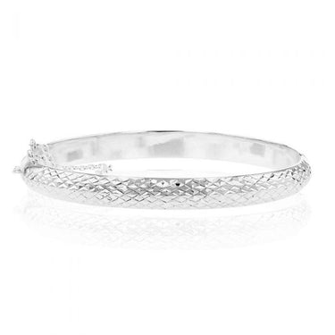 Sterling Silver Textured 7mm Hinged With Saftey Chain Bangle