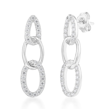 Sterling Silver Cubic Zirconia On Link Rhodium Plated Stud Earrings