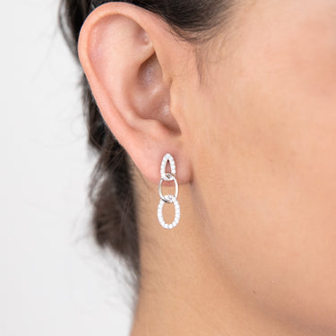 Sterling Silver Cubic Zirconia On Link Rhodium Plated Stud Earrings