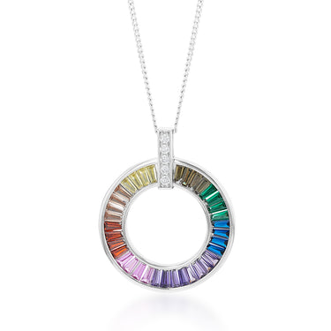Sterling Silver Rainbow Multicolour Cubic Zirconia On Open Circle Pendant