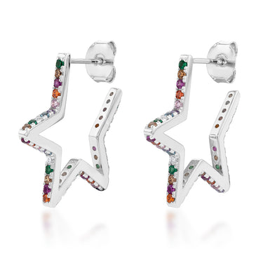 Sterling Silver Rainbow Multicolour Cubic Zirconia Open Star Stud Earrings