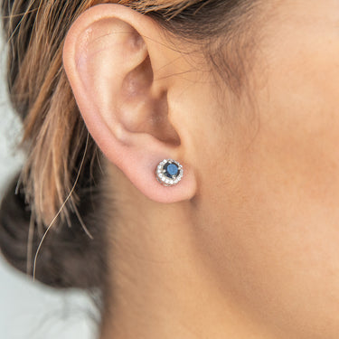 Sterling Silver Natural Enhanced Sapphire & White Zircon Stud Earrings