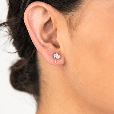 Sterling Silver Rhodium Plated White Cubic Zirconia Palm Tree Stud Earrings