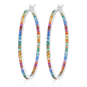 Sterling Silver Multicolour Rainbow Cubic Zirconia 50mm Hoop Earrings
