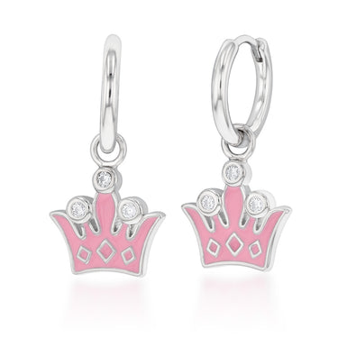 Sterling Silver Cubic Zirconia Enamel Coated Crown Hoop Earrings
