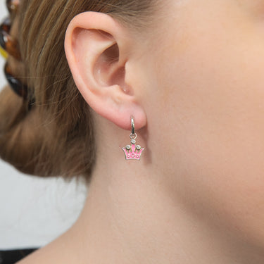 Sterling Silver Cubic Zirconia Enamel Coated Crown Hoop Earrings