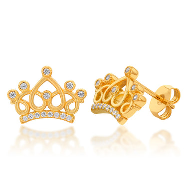 Gold Plated Sterling Silver Fancy Crown With Cubic Zirconia Stud Earrings