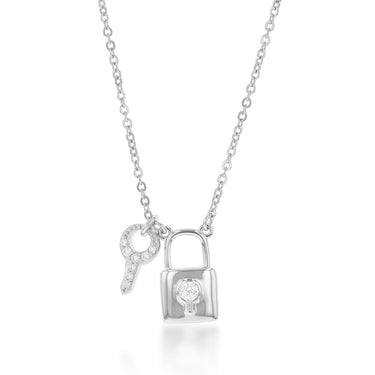 Sterling Silver Cubic Zirconia On Lock And Key Pendant On Chain