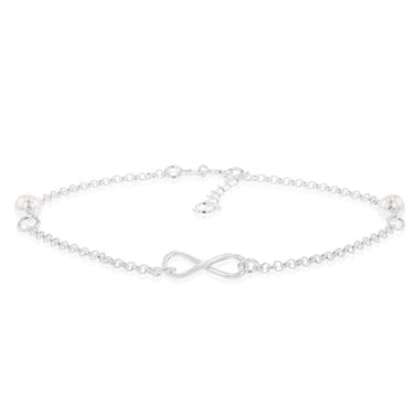 Sterling Silver Infinity And White Bead On 27cm Anklet