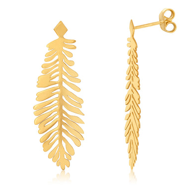 Yellow Gold Plated Sterling Silver Verticle Feather Drop Earrings