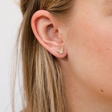 Yellow Gold Plated Sterling Silver Cubic Zirconia On Butterfly On Stud Earrings