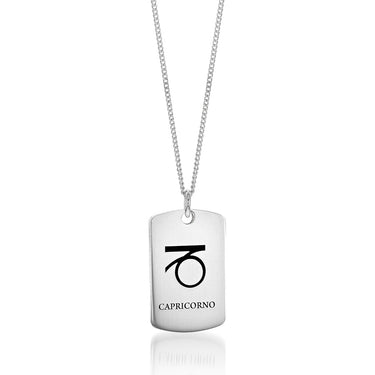 Sterling Silver Dog Tag With Capricorn Zodiac/Star Sign Pendant