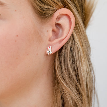 Sterling Silver Small Dog With Ribbon Stud Earrings