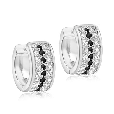 Sterling Silver Oval Black +White Cubic Zirconia Huggy Earring