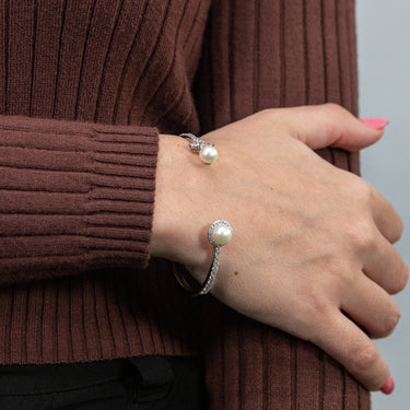 Sterling Silver Rhodium Plated Fresh Water Pearl And Cubic Zirconia Open Bangle