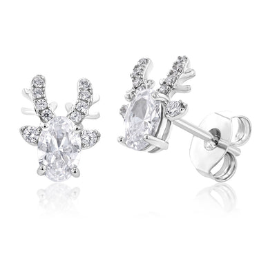 Sterling Silver Rhodium Plated Cubic Zirconia Reindeer Stud Earrings