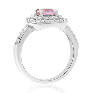 Sterling Silver Rhodium Plated White & Light Pink Cubic Zirconia Cushion Ring