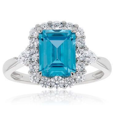 Sterling Silver Rhodium Plated White & Aquamarine Cubic Zirconia Emerald Cut Ring