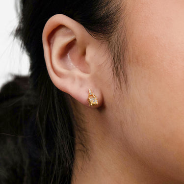Sterling Silver Gold Plated Cubic Zirconia On Lock Stud Earrings